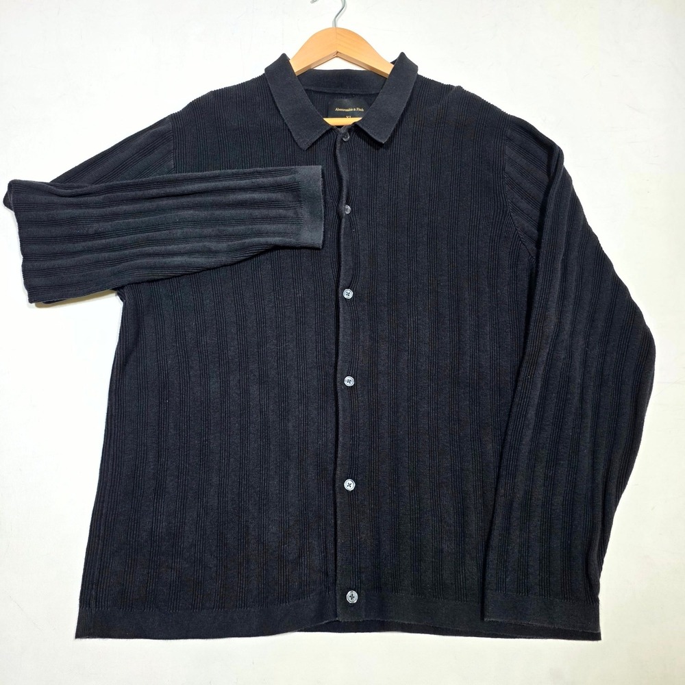Abercrombie & Fitch Cardigan Mens XL Black Ribbed Knit‎ Button Up Polo Sweater
